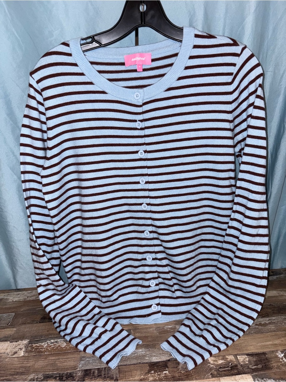 Edikted Striped Button-Front Cardigan - Light Blue & Brown